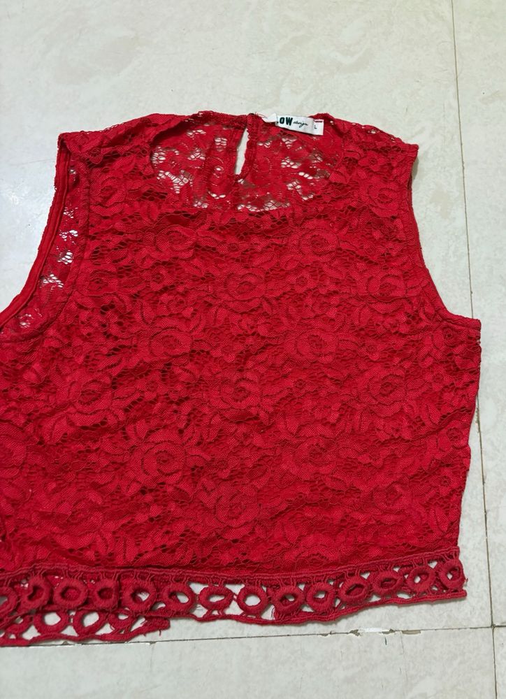 Red Lace Sleeveless Crop Top