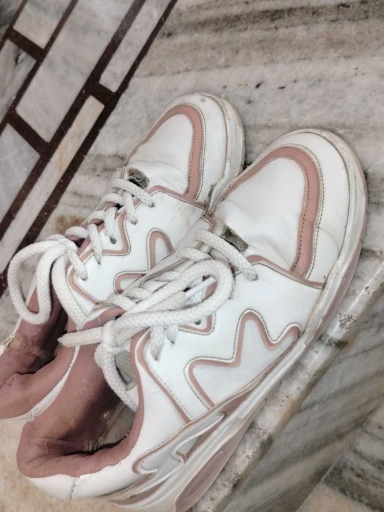 Worn White &amp; Pink Sneakers