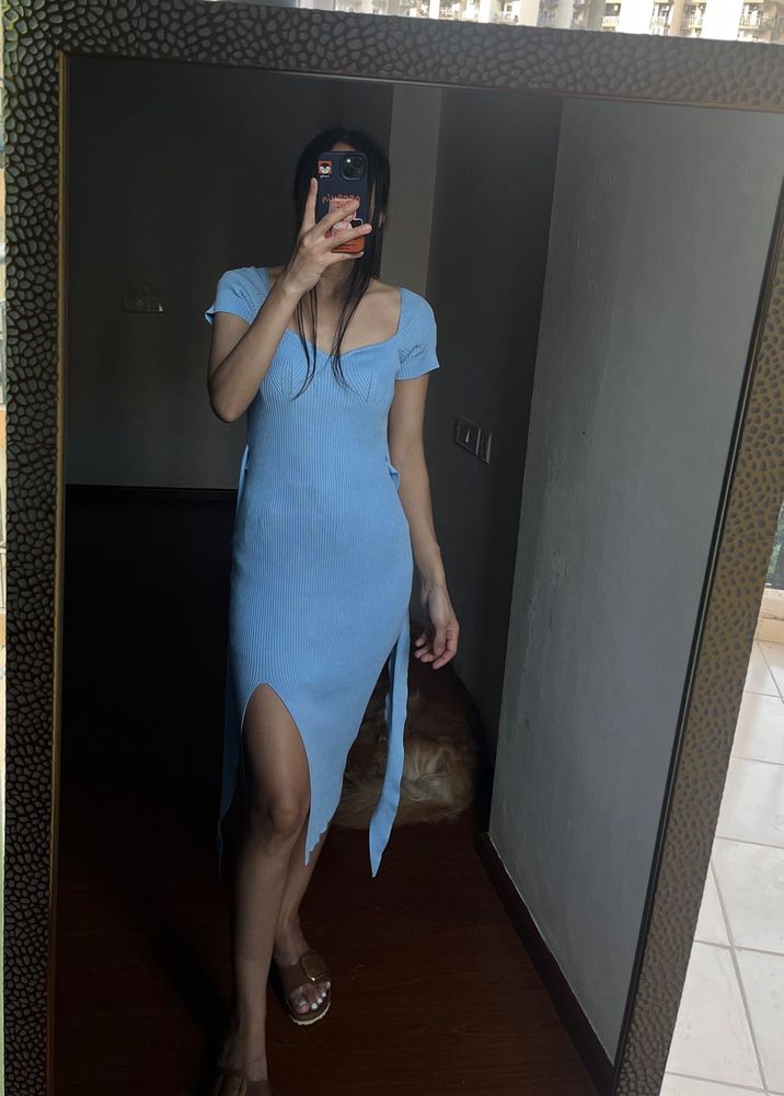 BLUE RIB-KNIT  BODYCON MIDI DRESS