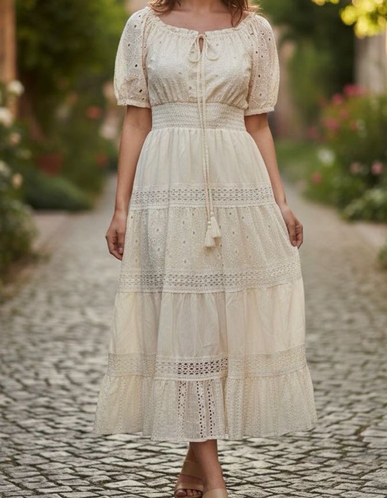 Cream Eyelet Midi Dress