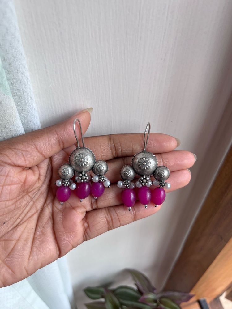 Pink Stone Silver Earrings