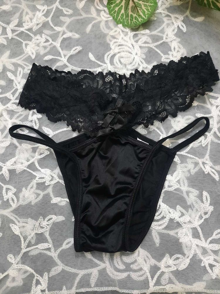 Black Lace &amp; Satin Thong Set