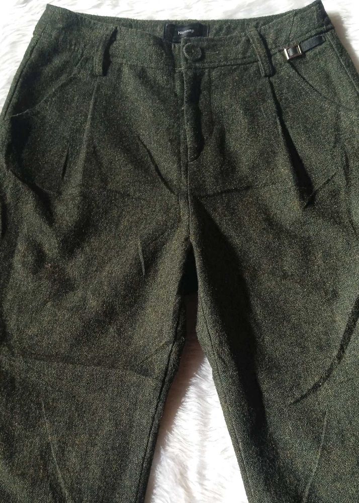 Olive Green Wool Blend Trousers