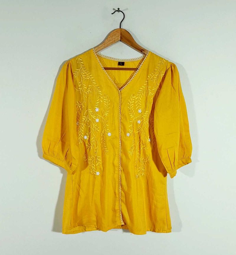 Yellow Embroidered Tunic Top For Women&#39;s