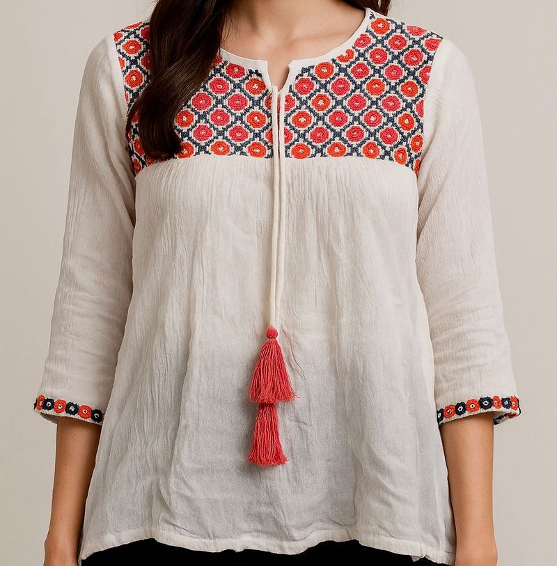 White Embroidered Boho Tunic with Tassel
