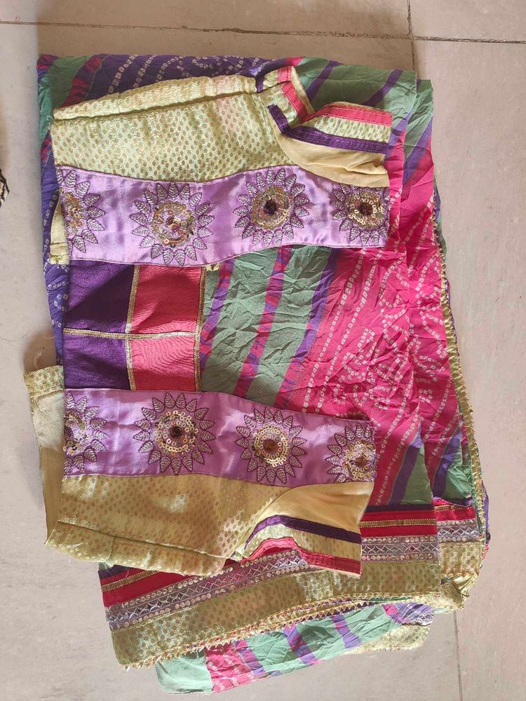 Green,Pink &amp; Lavender Bandhej Saree