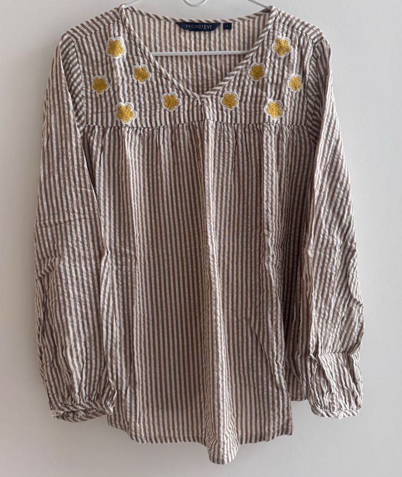 Striped Cotton Top with Embroidered Daisies