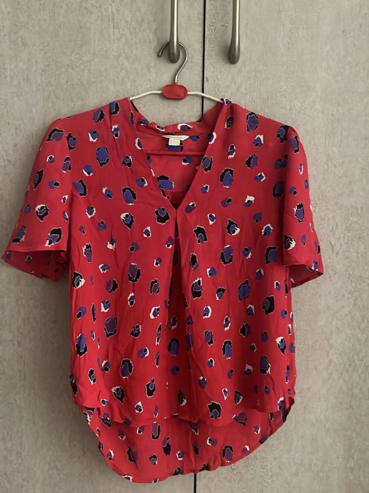 Red Pink Printed V Neck Top