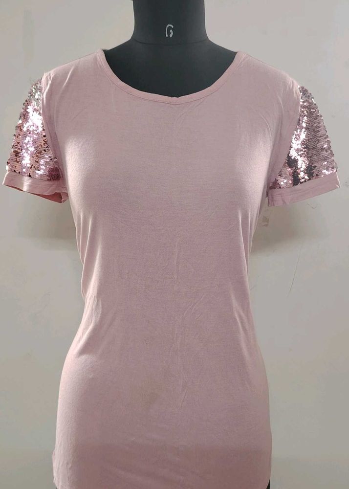 Pink Sequin Sleeve T-Shirt