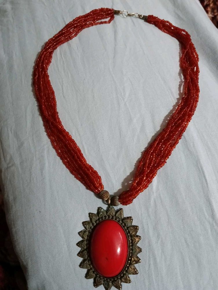 Red Beaded Statement Necklace