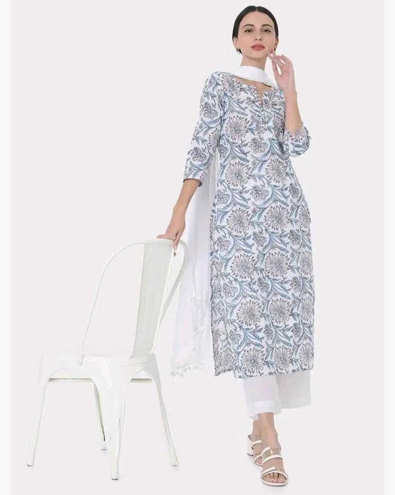 Saanjh White Floral Printed Straight Kurta