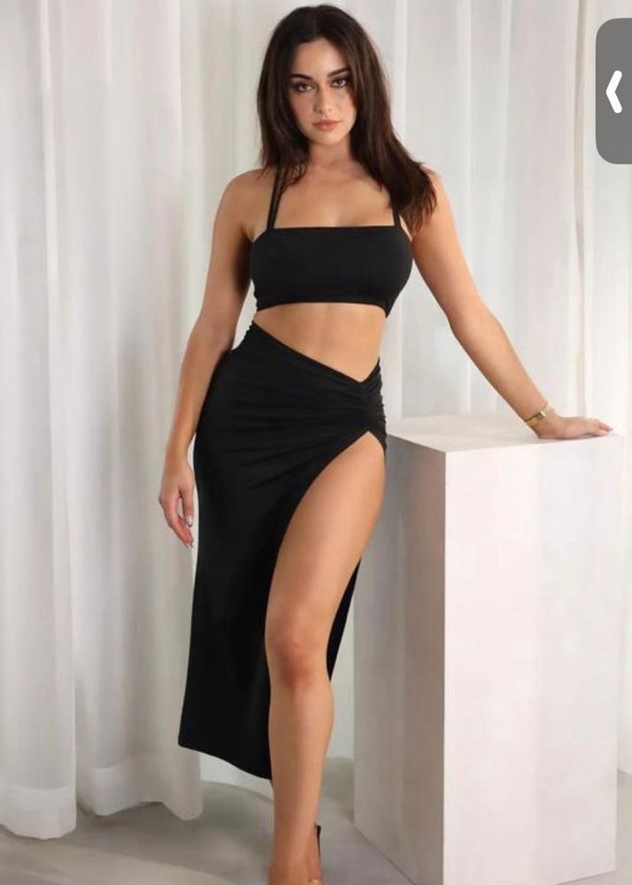 Black Two-Piece Crop Top &amp; Slit Skirt Set