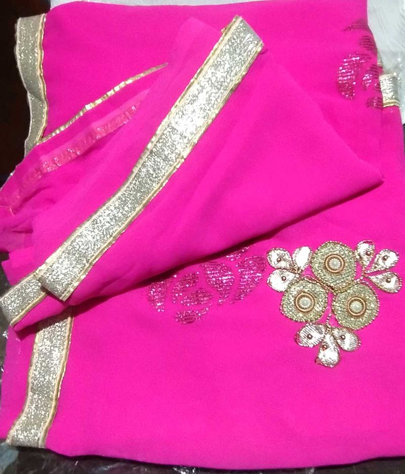 Hot Pink Sari with Silver Embellishments