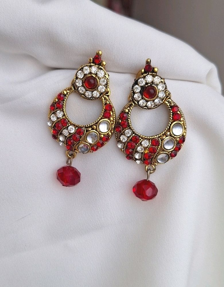 Beautiful Ethnic Gold And Red Earrings