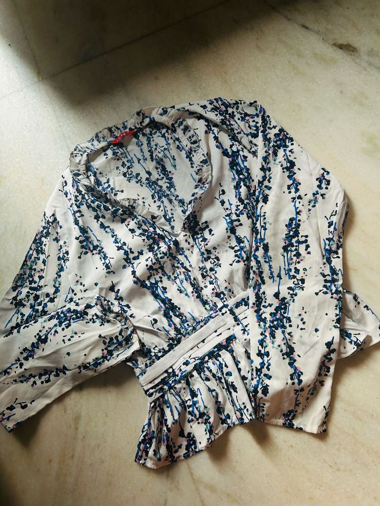 Patterned Blouse with Ruffle Detail