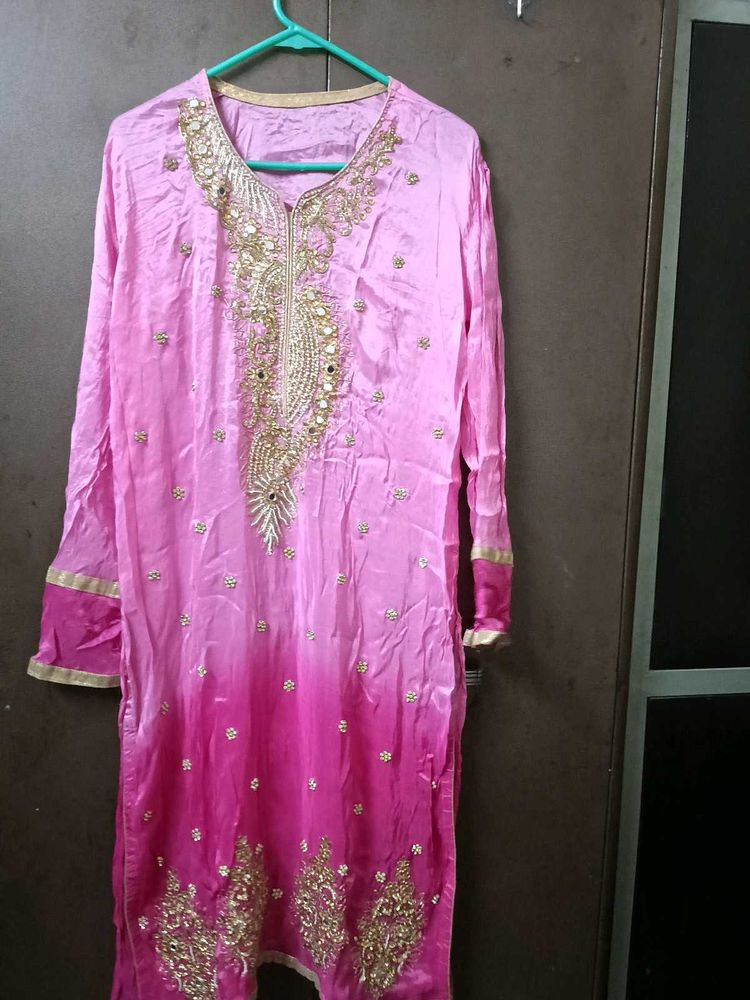 pink colorblocked kurta with embroidery