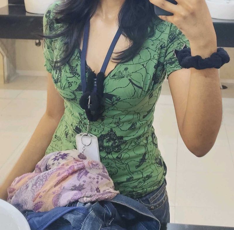 Rockstar Gf Nana Coded Green Printed Fitted Tee
