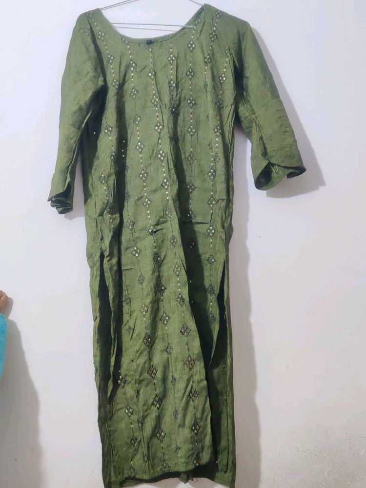 Olive Green Cotton Straight Suit