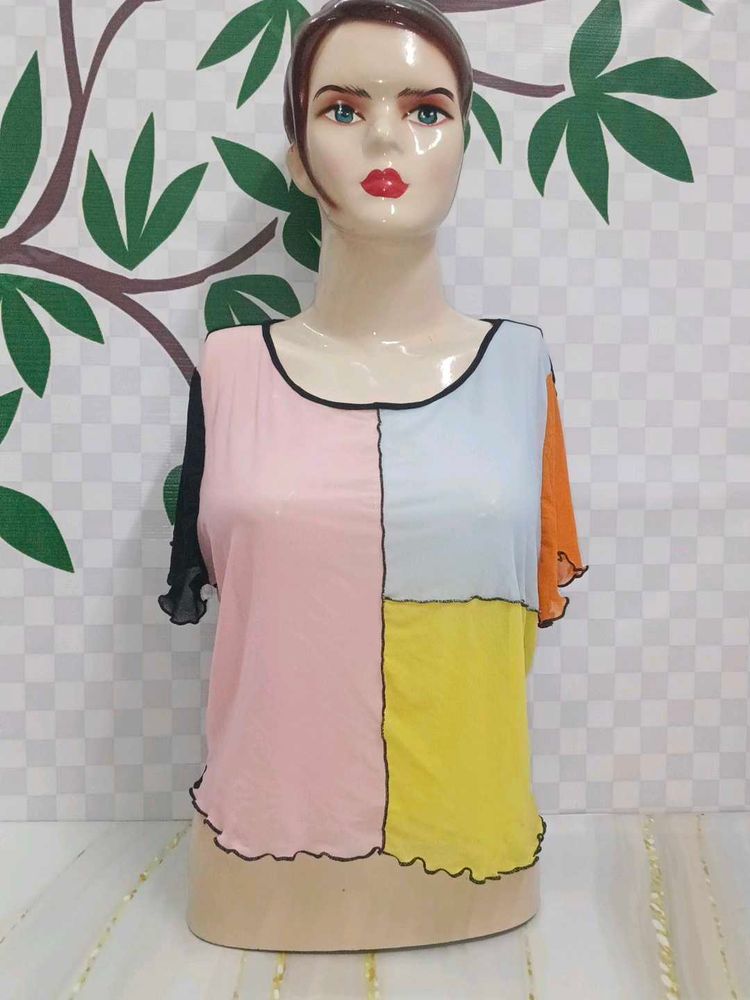 (1300)Colorful Sheer Patchwork Top