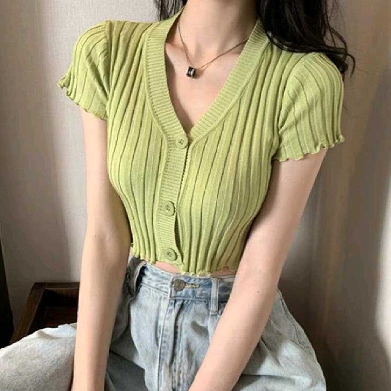 Green Ribbed Button-Up Top
