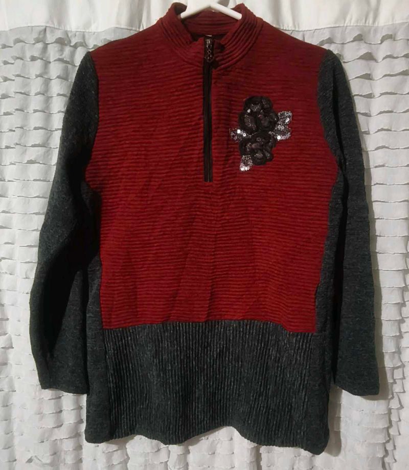 korean Burgundy &amp; Grey Pullover Top