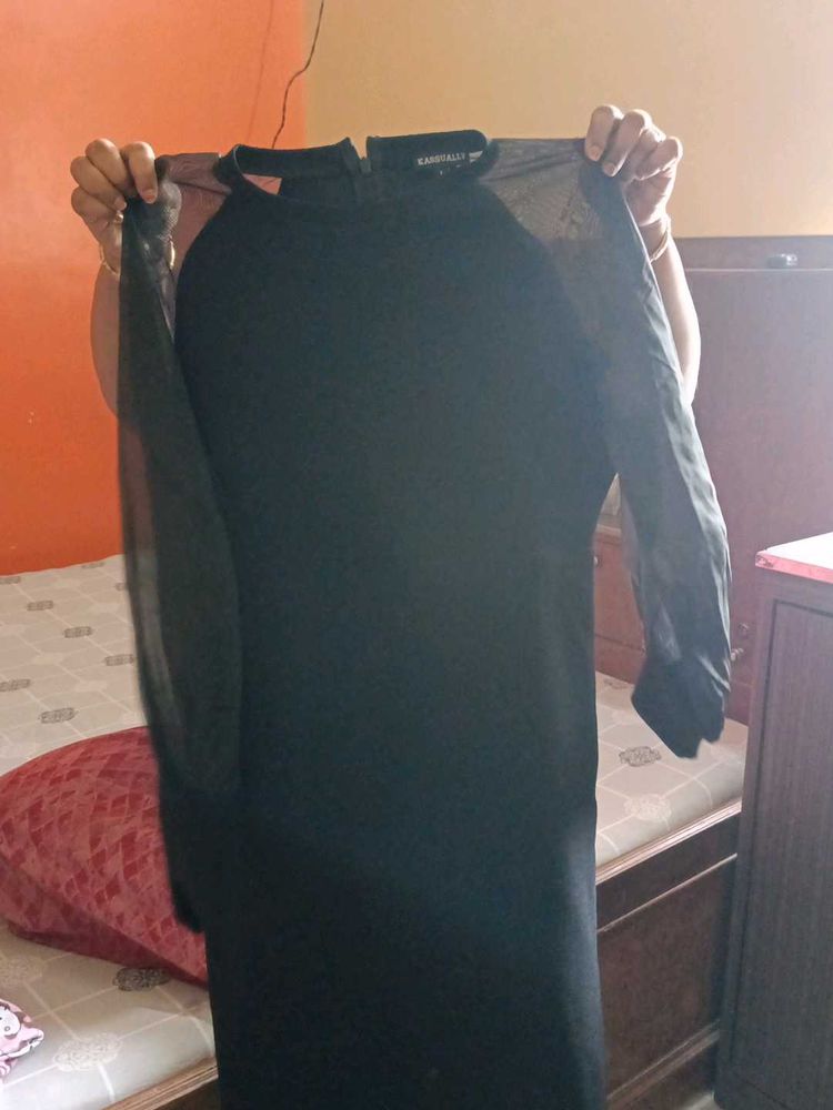 Black Sheer Sleeve Midi Dress