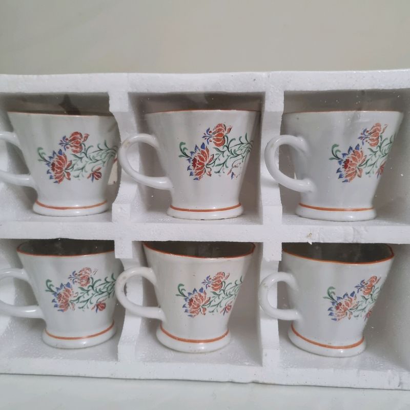 White Ceramic Cup Double Flower Design - Pack Of 6
