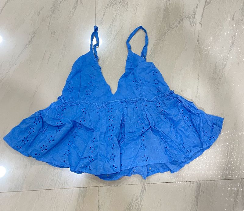 Blue Embroidered Ruffle Tank Top