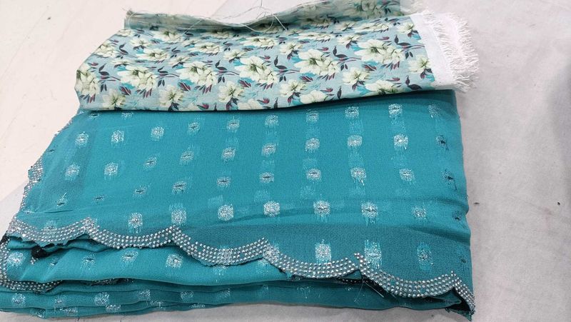 Teal Saree with Floral Blouse Piece