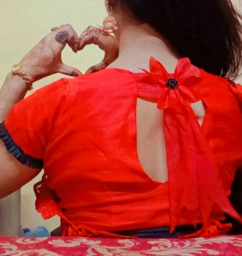 Black&amp;Red Saree With Stitched Blouse,Paticot