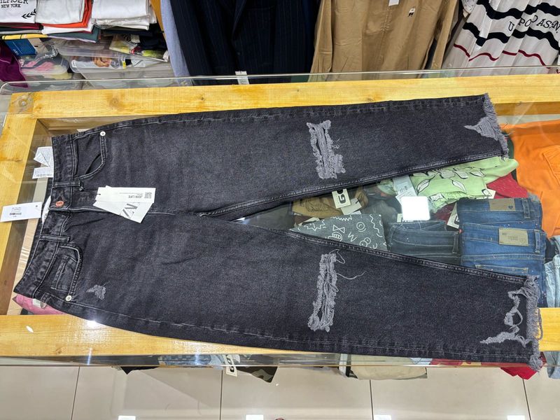 Zara Black Ripped Straight Cut Denim