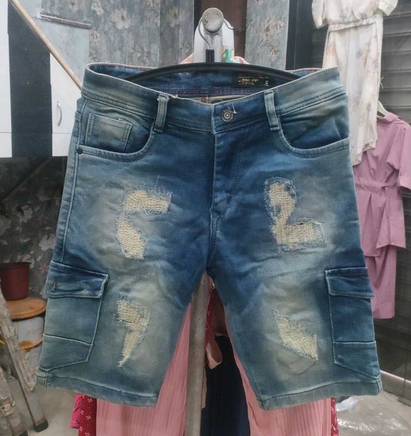 Distressed Denim Cargo Shorts