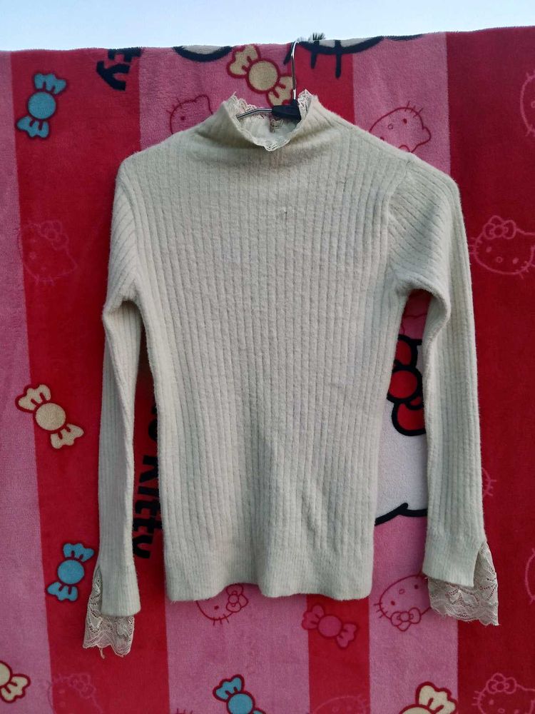 Lace Trim Turtleneck Sweater with