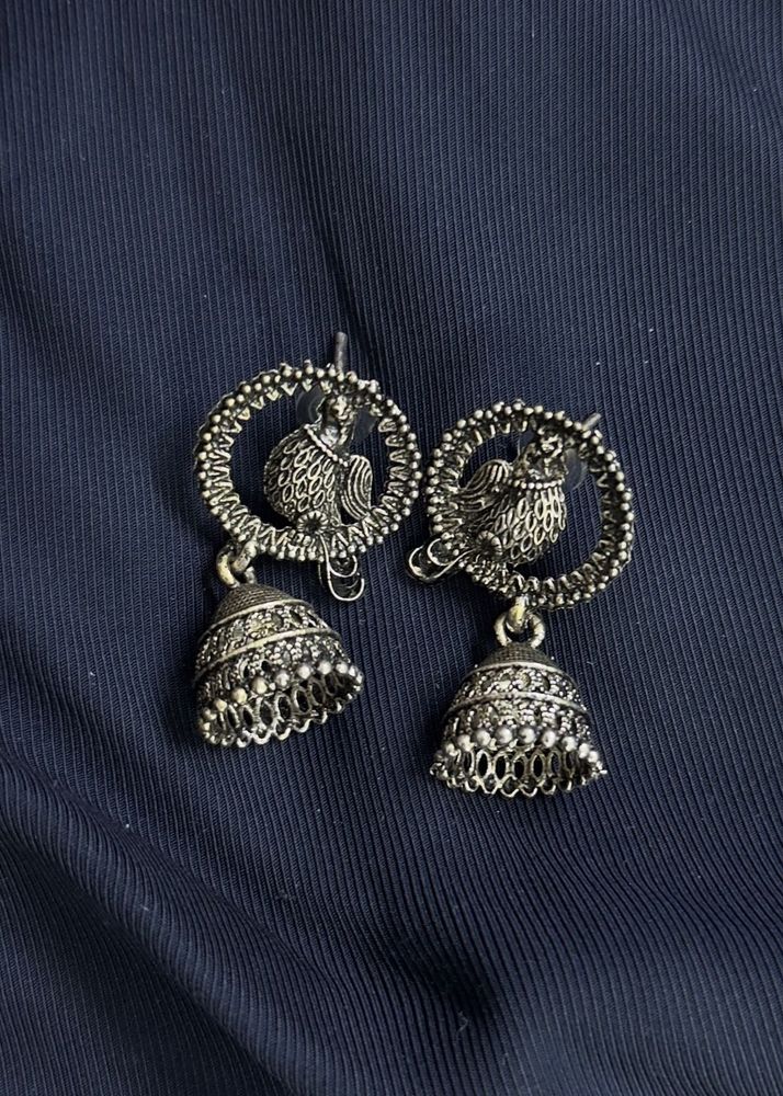 Oxidises Bird Carved Jhumkas