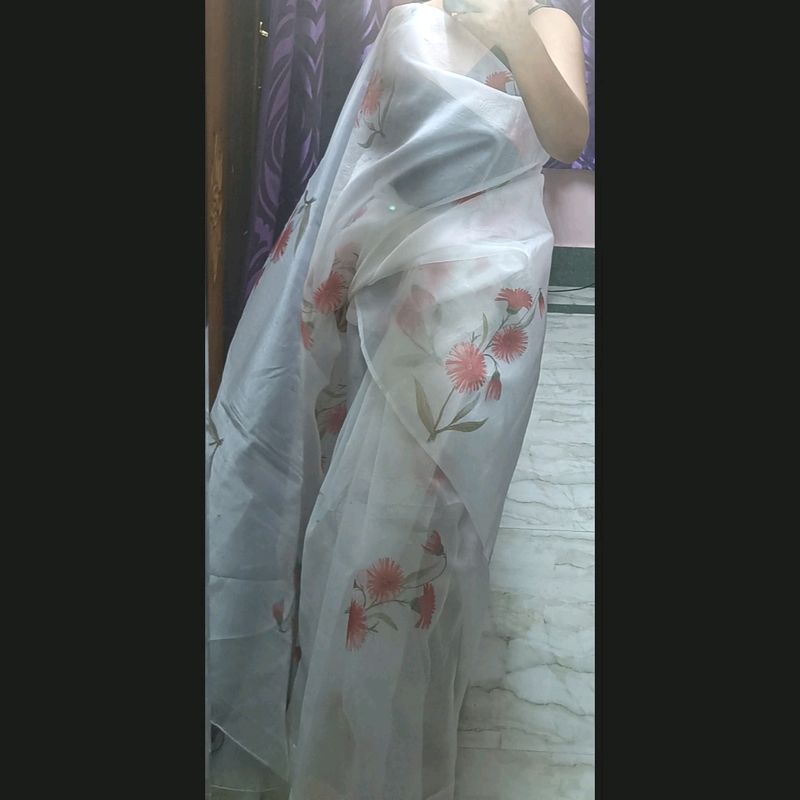 Off White Organza Floral Saree from Amazon.