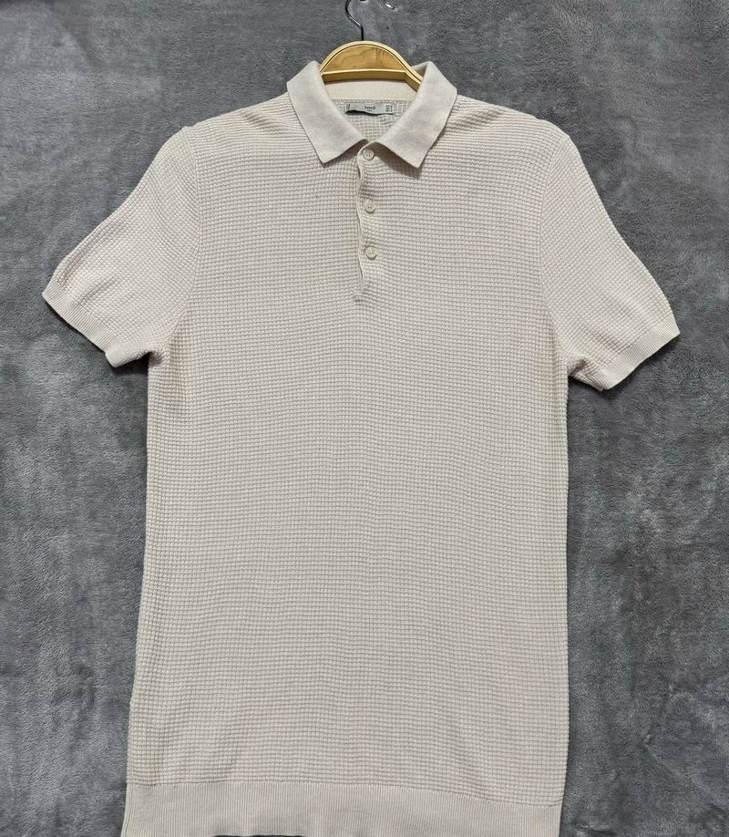 Mango Man Beige Waffle Polo Shirt