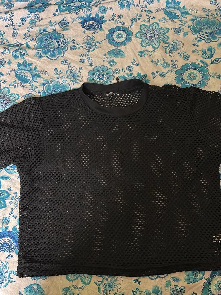 Zudio Black Mesh Netted T-Shirt | Transparent Shor