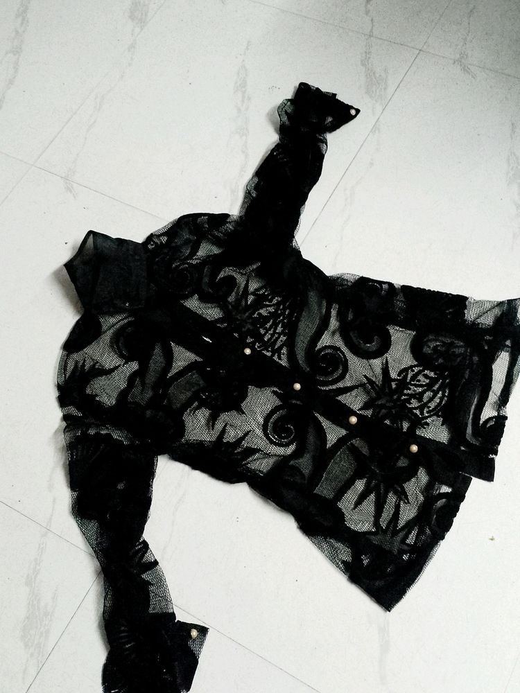 Black Netted New Never Used Shirt Top Pearl Button