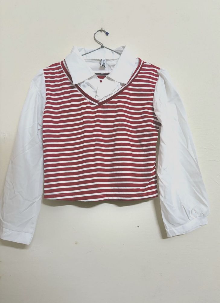 Korean style Striped Knit Top with Blouse