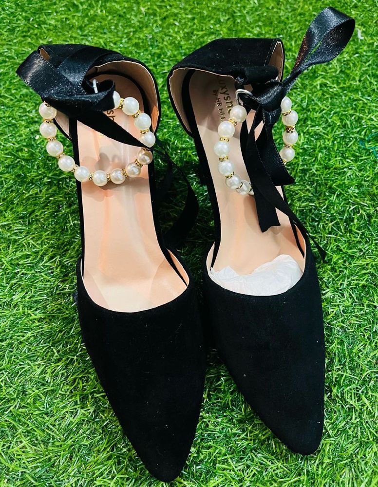 Black Heels with Pearl Detail