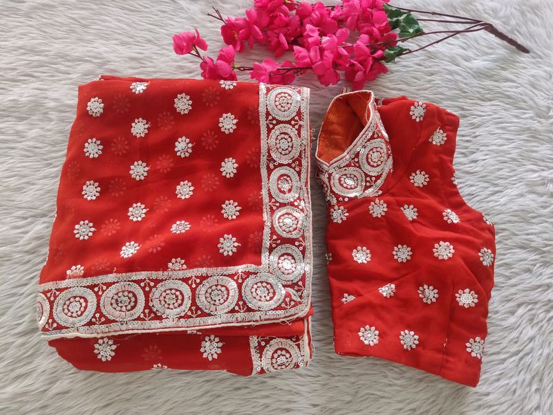 Women Red Sequence Saree With Blouse