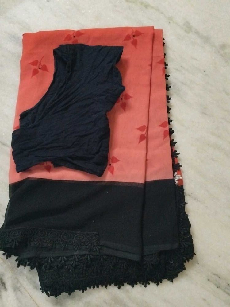 Rust Saree With Black Laces