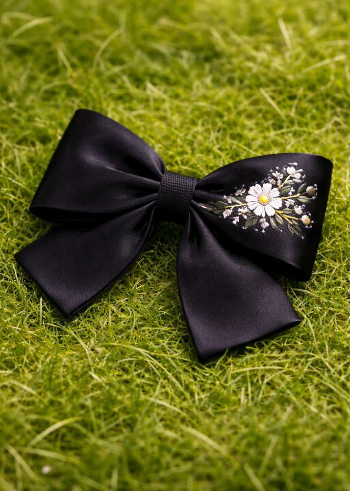 Elegant Black embroidered Floral Bow Hair Clip