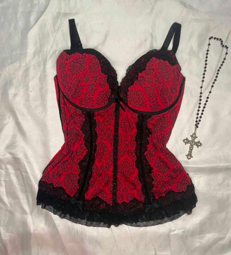 red bustier corset with lace