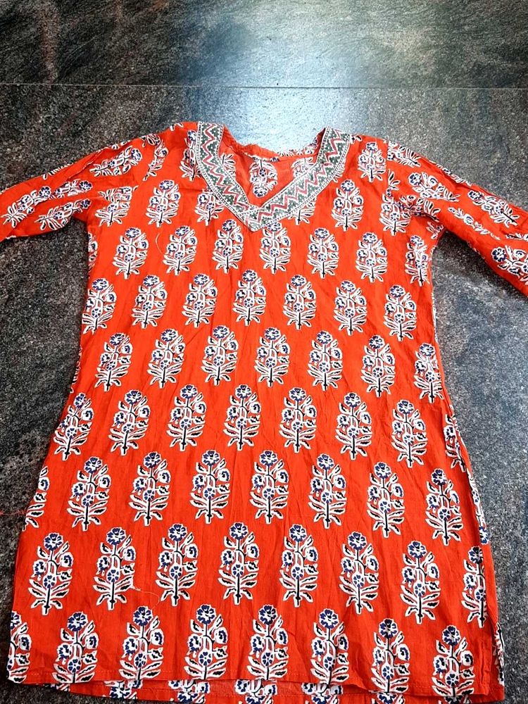 Orange Floral Print Tunic Top