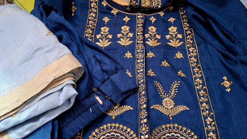Elegant Blue &amp; Gold Embroidered 3 piece