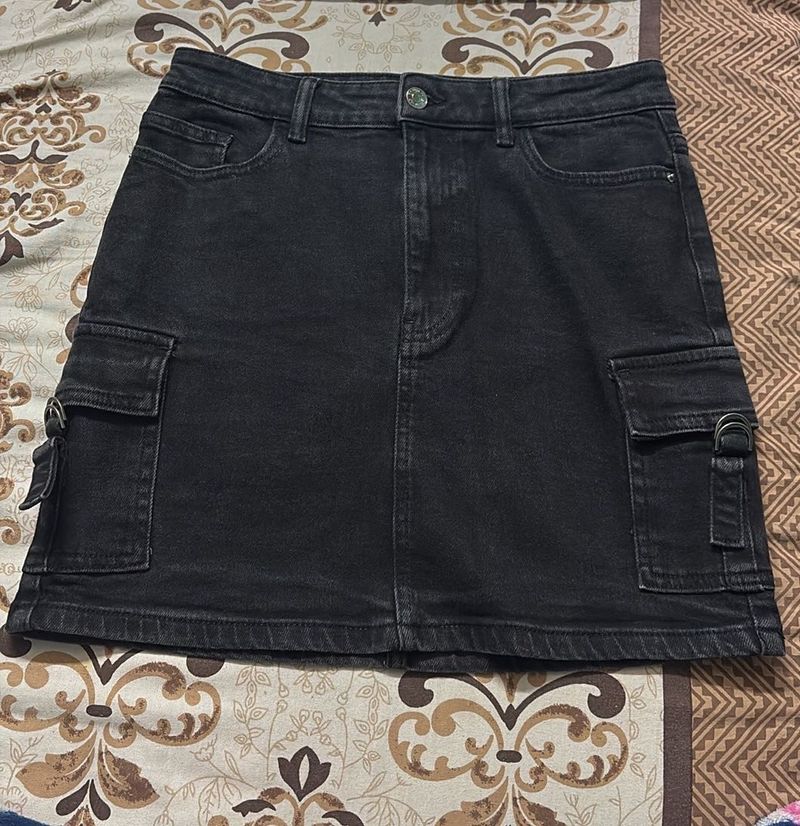 Black Denim Cargo Mini Skirt