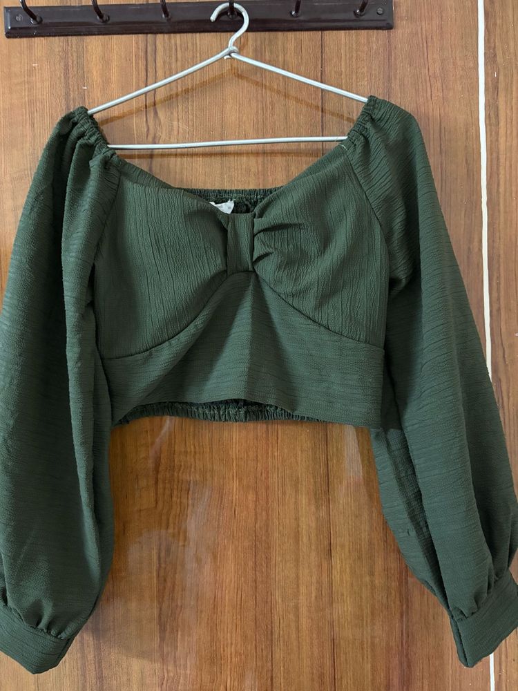 Olive Green Long Sleeve Crop Top