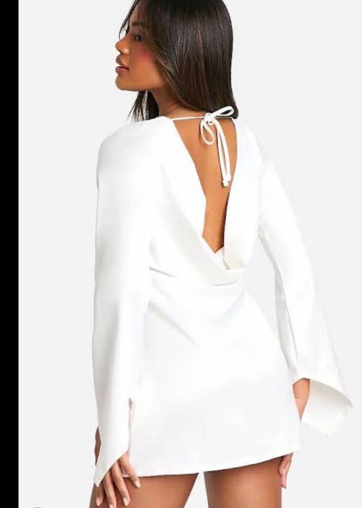 White Long Sleeve Fit &amp; Flare Backless Dress