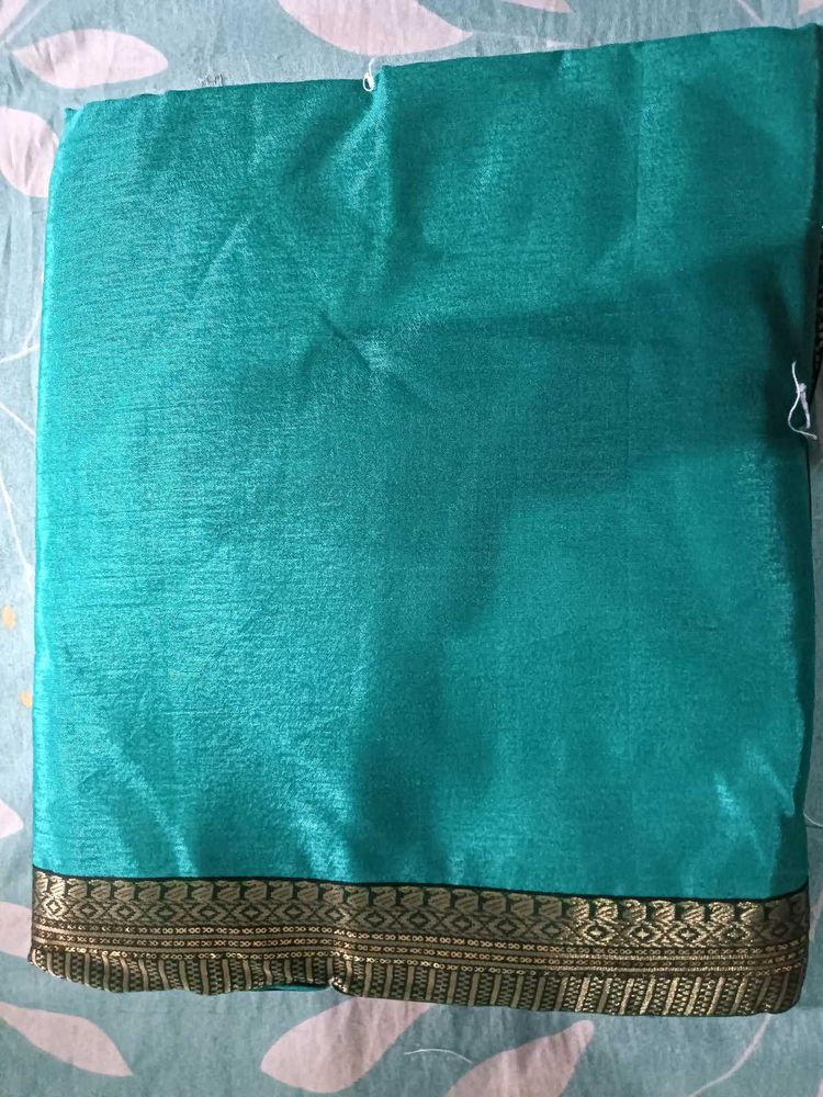 Teal Silk Saree with Gold Border